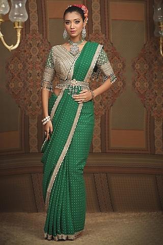 emerald green georgette gota & dori embroidered saree set