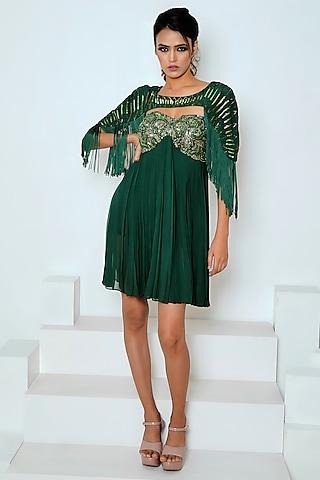 emerald green georgette hand embroidered mini jacket dress