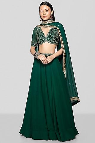 emerald green georgette lehenga set