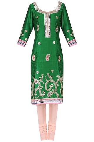 emerald green gota embroidered kurta and churidar pants set