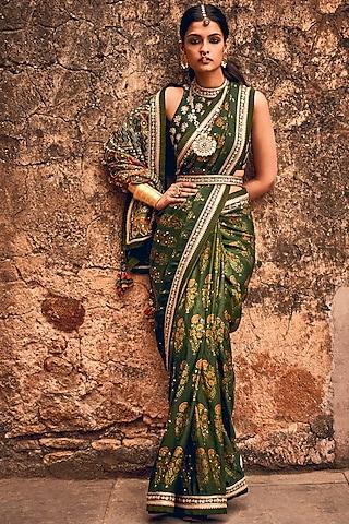 emerald green hand block printed saree set