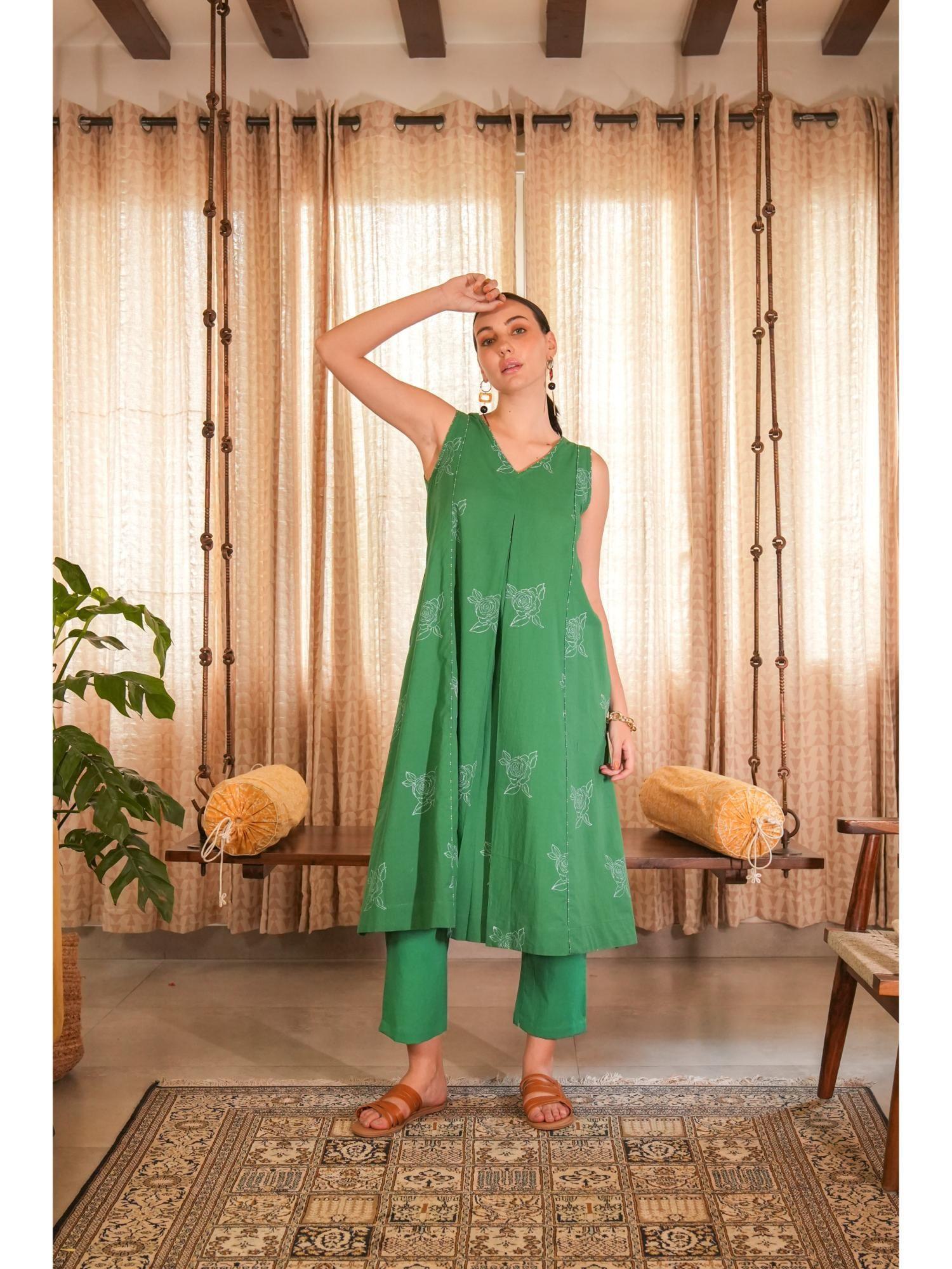 emerald green hand block printed sleeveless v-neck kurta