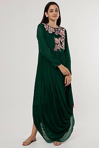 emerald green hand embroidered drape dress