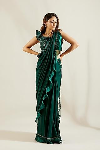 emerald green hand embroidered pre-draped saree set