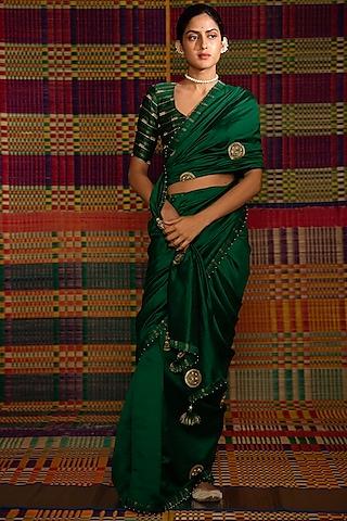 emerald green hand embroidered saree set