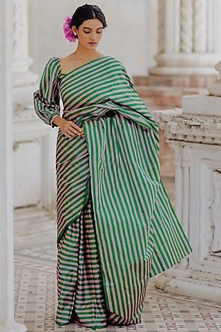 emerald green handloom satin silk striped saree set
