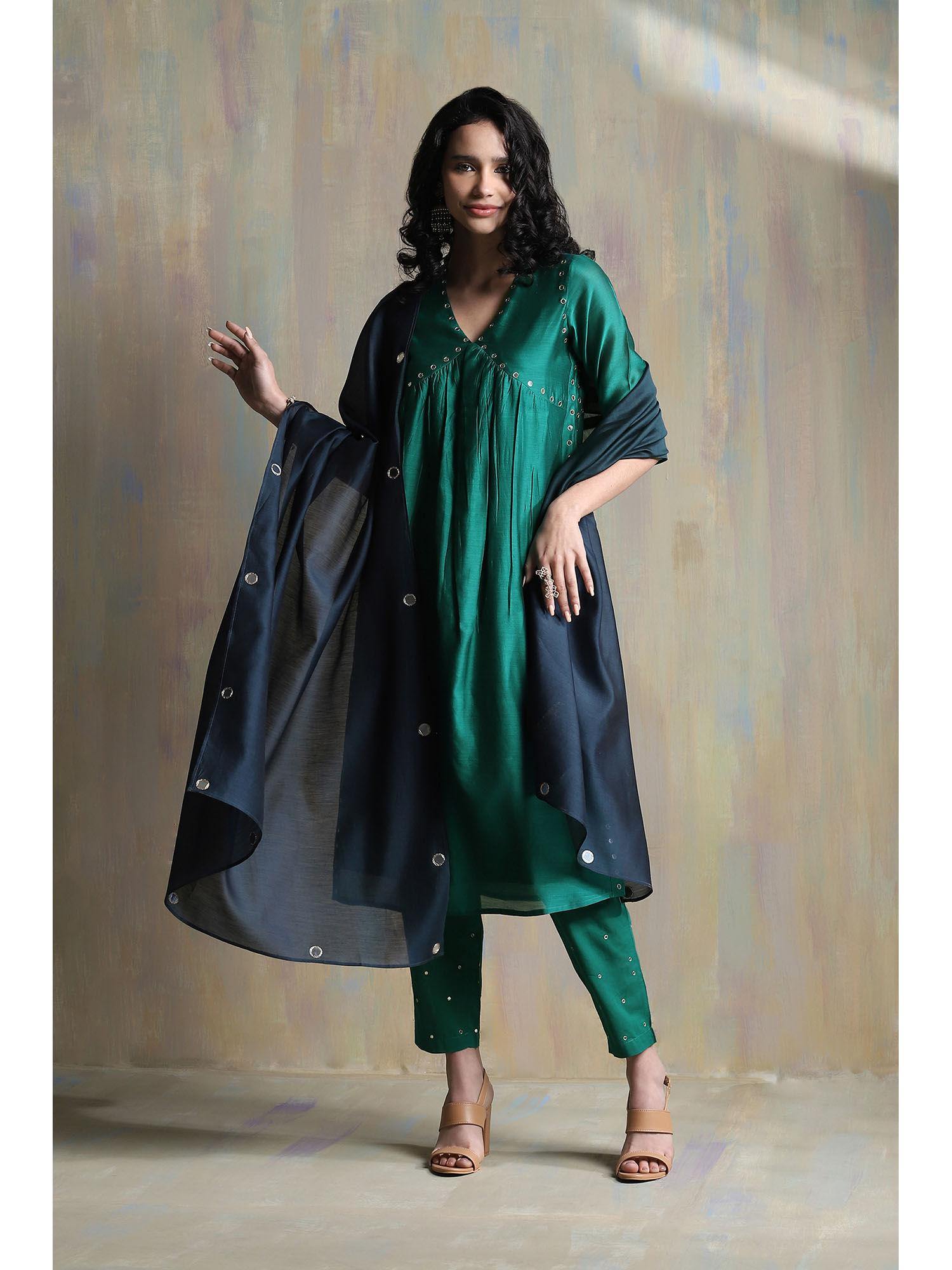 emerald green high slit kurta (set of 3)