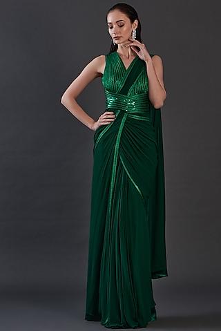 emerald green jersey & organza hand embroidered draped gown