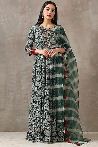 emerald green layered & embroidered anarkali set