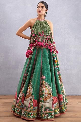 emerald green lehenga set with print