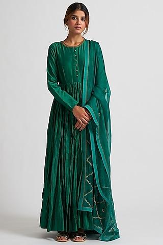 emerald green marodi embroidered anarkali set