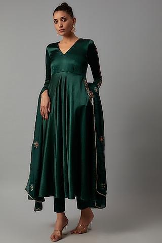 emerald green mashru silk embroidered anarkali set