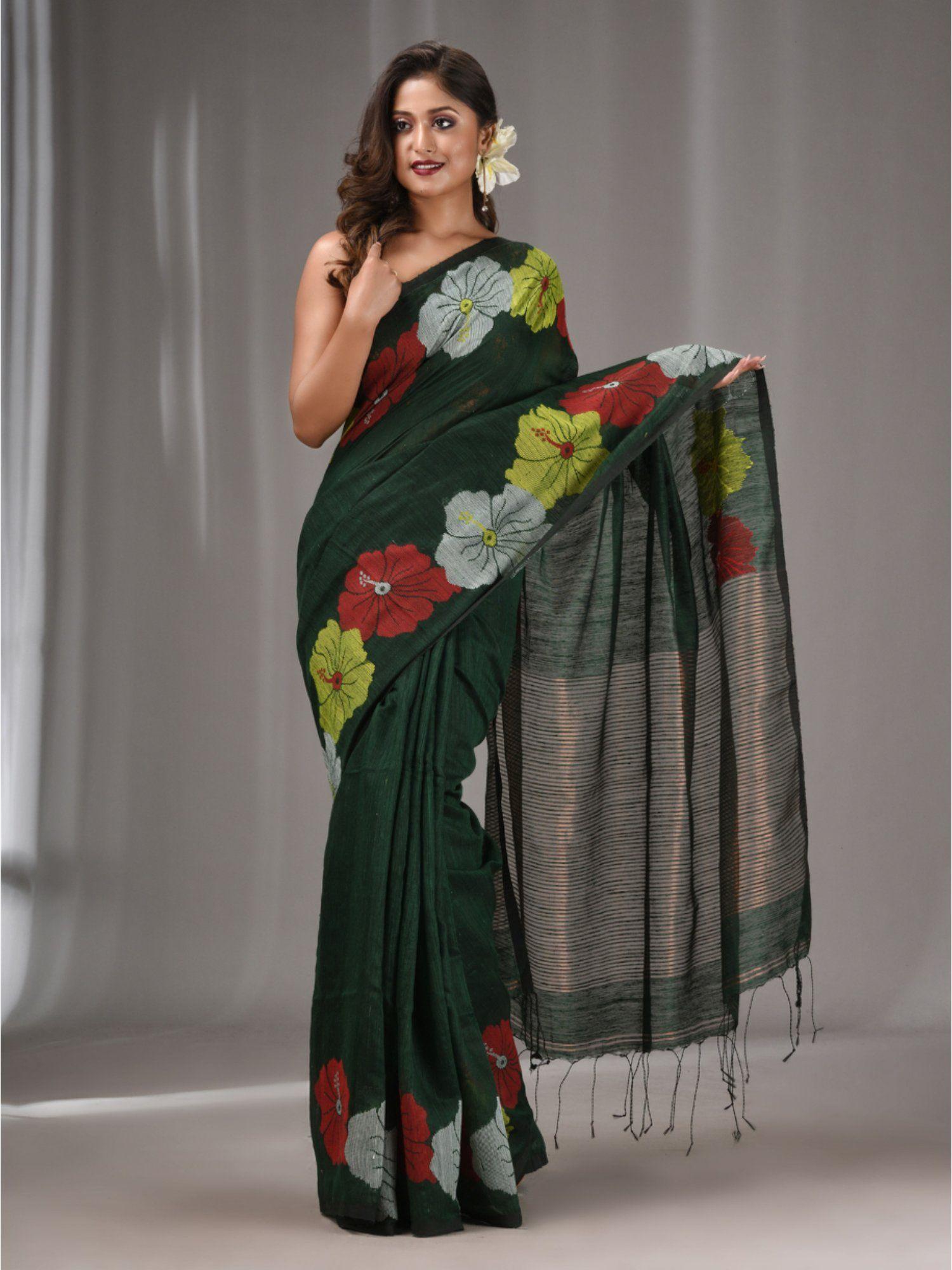 emerald green matka handwoven saree with flower border with unstitched blouse