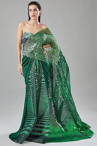 emerald green metallic tulle & jersey saree set