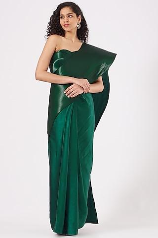 emerald green metallic yarn silk satin handwoven saree set