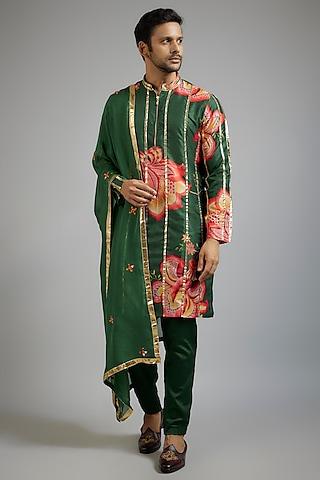 emerald green modal silk digital printed & gota patti embroidered kurta set