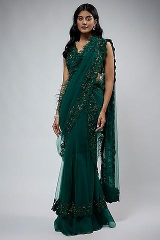 emerald green net embroidered saree set