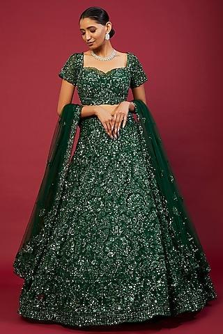 emerald green net sequins embellished lehenga set
