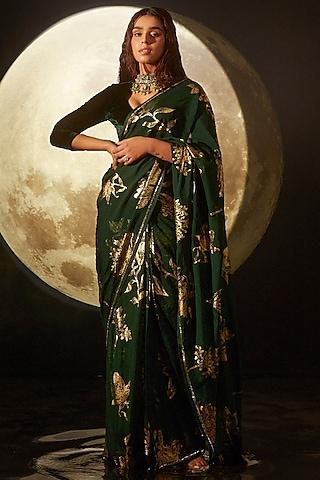 emerald green organza embroidered & printed saree set