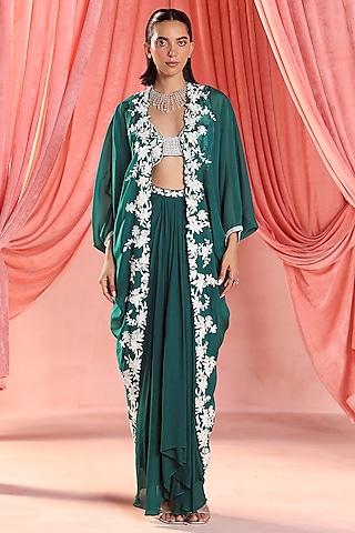 emerald green organza sequins & pearl embellished cape set