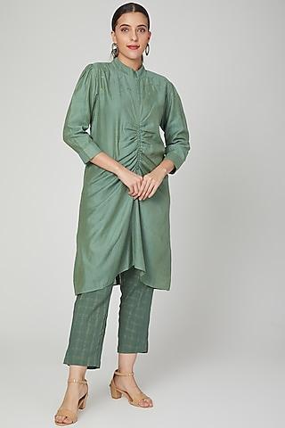 emerald green pant set in zari linen for girls