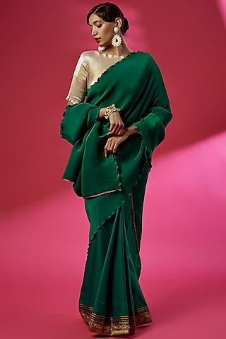 emerald green pleated polyester embroidered saree set