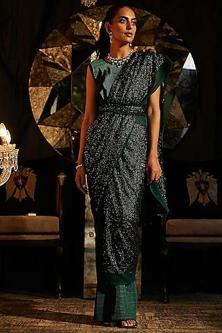 emerald green pleated polyester gown saree with belt