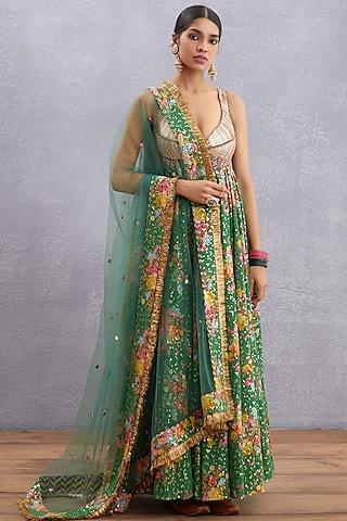 emerald green printed & embroidered anarkali set