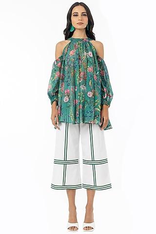 emerald green printed cold shoulder long flared blouse