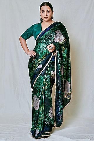 emerald green printed saree set