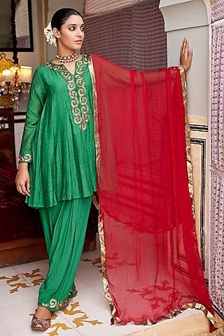 emerald green pure chanderi embroidered anarkali set