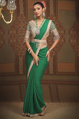 emerald green pure crepe gota & badla embellished saree set