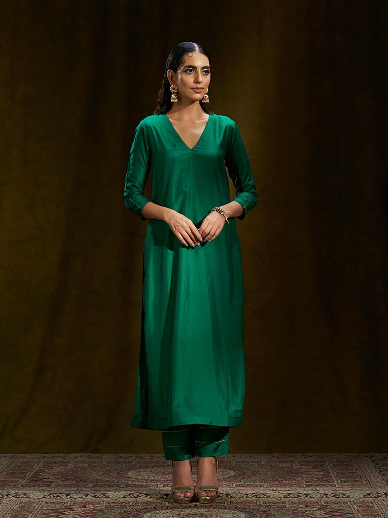 emerald green pure mulberry silk suit (set of 2)