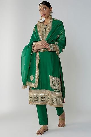 emerald green pure silk hand embellished kurta set