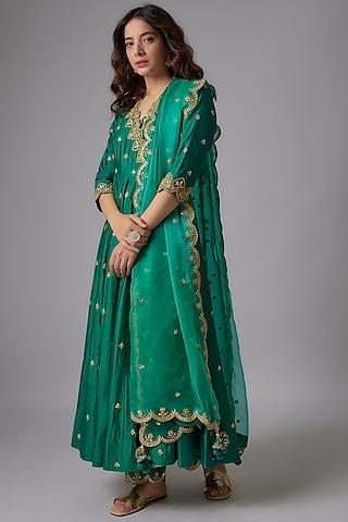 emerald green pure spun silk embroidered angrakha kurta set