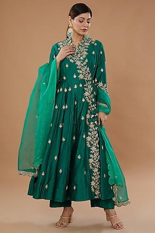emerald green pure spun silk embroidered angrakha set