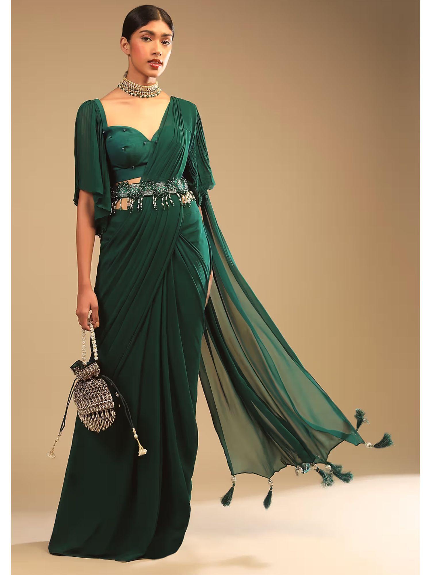 emerald green ready to wear pleated saree with stitched blouse