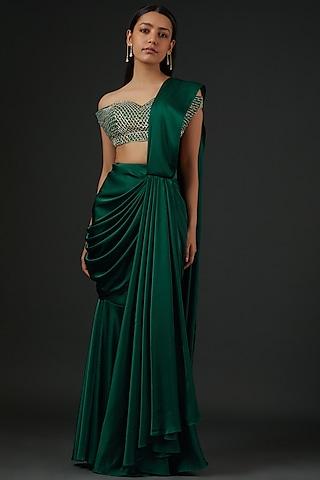 emerald green satin draped saree set