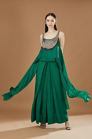 emerald green satin embroidered singlet lungi dress