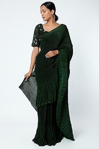 emerald green satin georgette pleated saree set