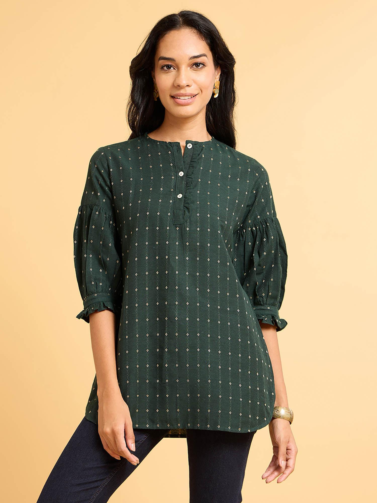 emerald green self design ruffle detailed sleeves tunics