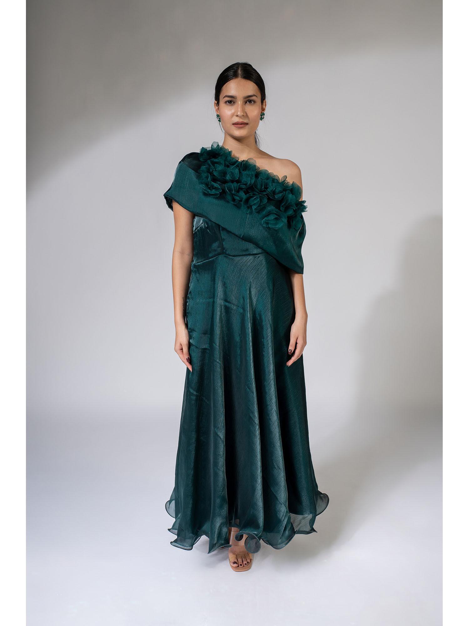 emerald green shimmer organza maxi dress with 3d flower detailing (set of 2)