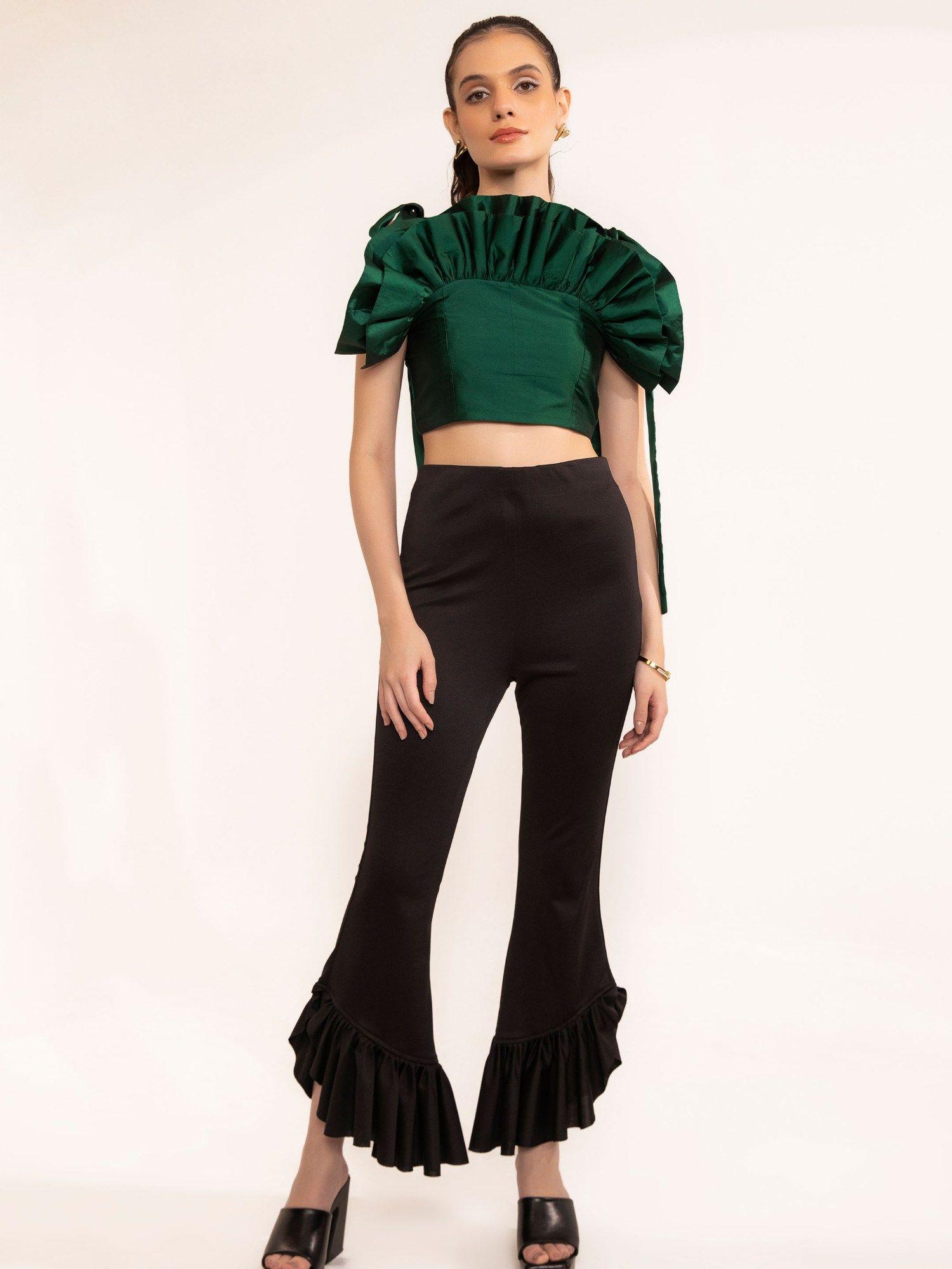 emerald green shoulder pleated tie-up crop top