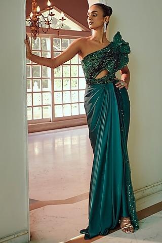 emerald green silk & net pre-draped saree