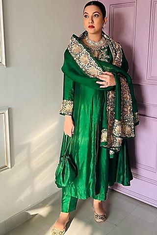 emerald green silk chanderi & organza embroidered anarkali set