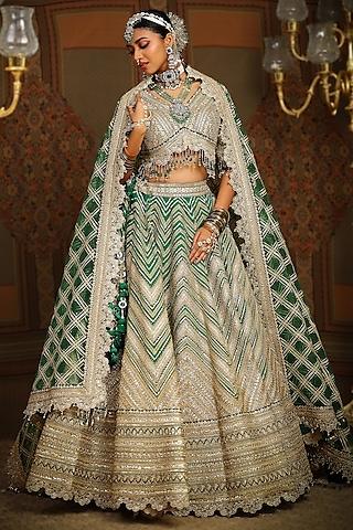 emerald green silk chanderi dori embroidered lehenga set