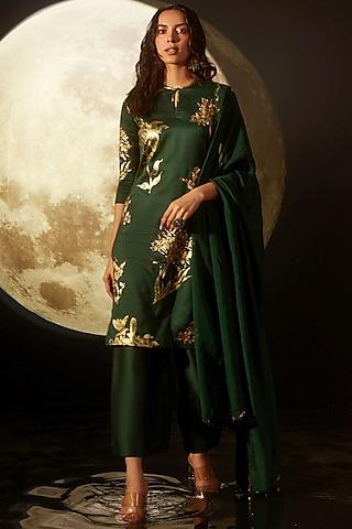 emerald green silk chanderi embroidered & printed kurta set