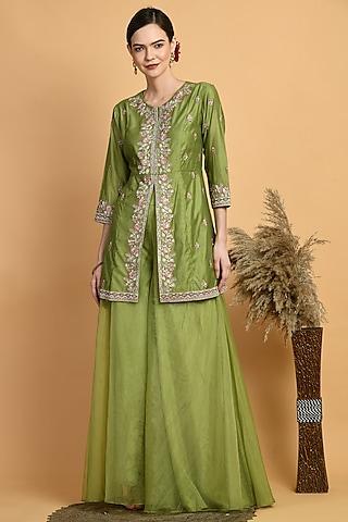 emerald green silk chanderi embroidered kurta set