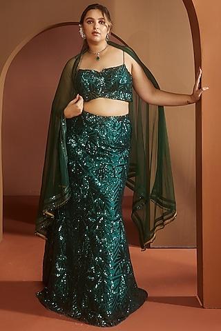 emerald green silk embroidered sequins lehenga set