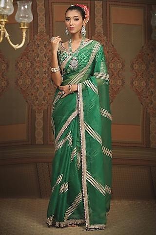 emerald green silk organza gota & dori embroidered leheriya saree set